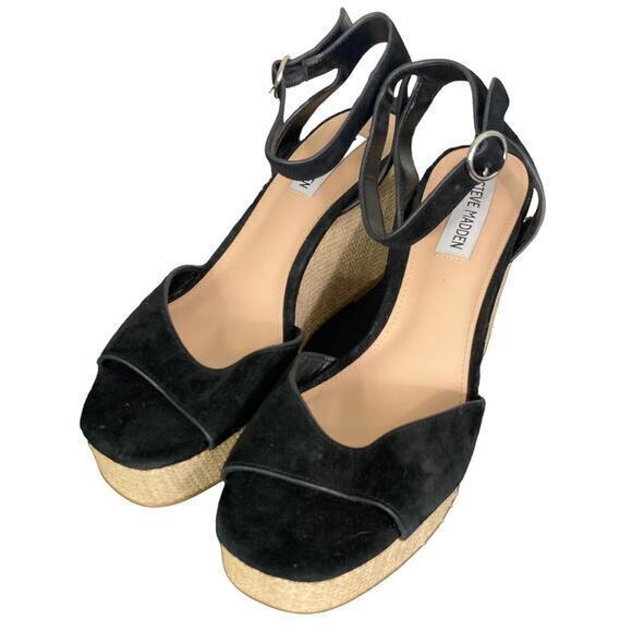 Steve Madden Black‎ Suede Wedge Heels Platform Ankle Strap Party Size 8.5 - Picture 1 of 13